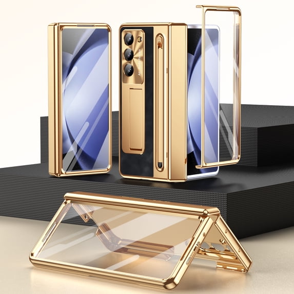 ELEHOLD Case For Samsung Galaxy Z Fold 6, Luxury Gold Plated Lens Frame Protector Kickstand Hinge-Safe Foldable Protection Case with Front Screen Film+Stylus,Gold+Black