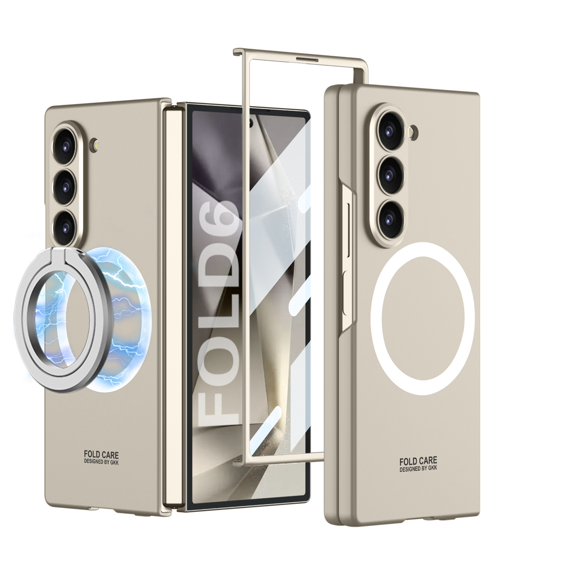 ELEHOLD Case for Samsung Galaxy Z Fold 6 with Screen Protector,Compatible with MagSafe Magnetic PC Case Full Body Protection with Detachable Magnetic Ring Holder 360° Rotating Stand Cover,Titanium