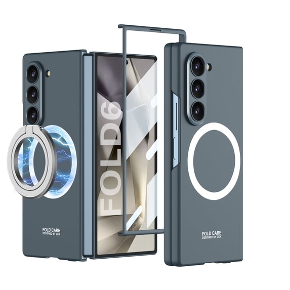 ELEHOLD Case for Samsung Galaxy Z Fold 6 with Screen Protector,Compatible with MagSafe Magnetic PC Case Full Body Protection with Detachable Magnetic Ring Holder 360° Rotating Stand Cover,Green
