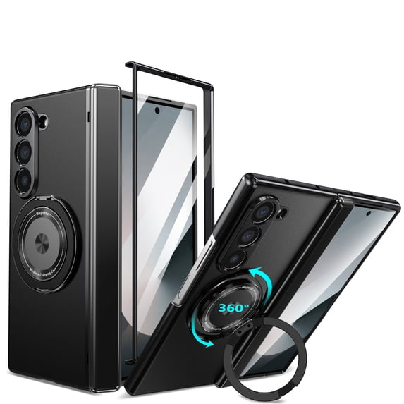 ELEHOLD Case for Samsung Galaxy Z Fold 6, Soft TPU and Hard PC Hinge Protection Case with Magnetic Rotatable Metal Ring Holder & Screen Protector,Black