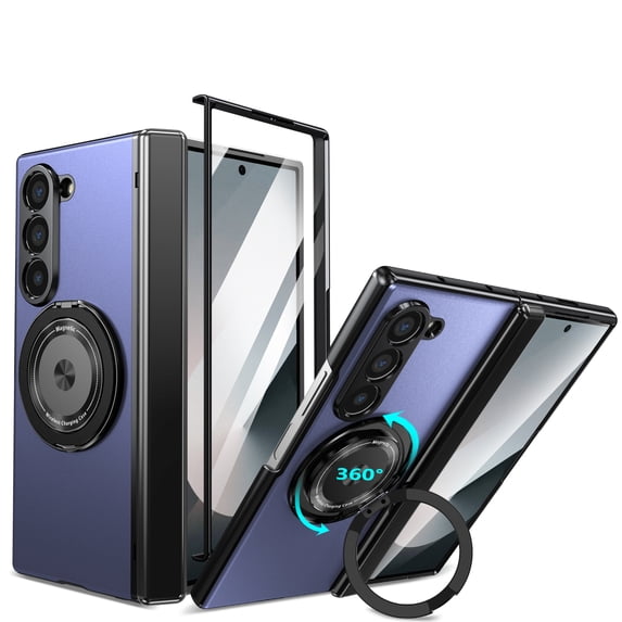 ELEHOLD Case for Samsung Galaxy Z Fold 6, Soft TPU and Hard PC Hinge Protection Case with Magnetic Rotatable Metal Ring Holder & Screen Protector,Blue