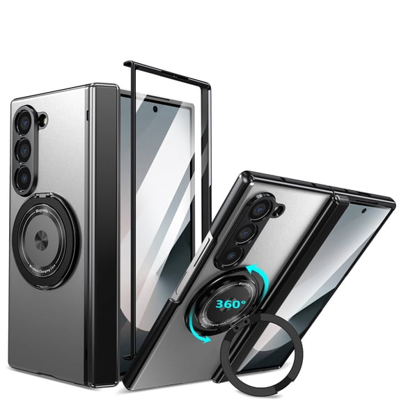 ELEHOLD Case for Samsung Galaxy Z Fold 6, Soft TPU and Hard PC Hinge Protection Case with Magnetic Rotatable Metal Ring Holder & Screen Protector,Gray