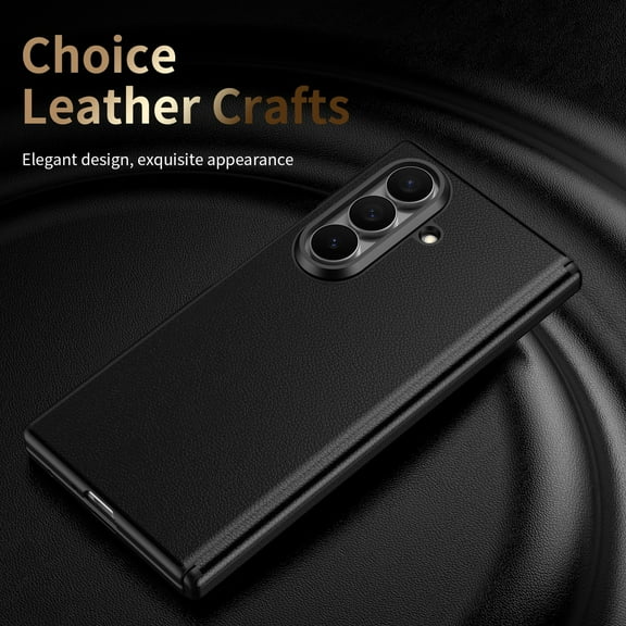 ELEHOLD Case for Samsung Galaxy Z Fold 7, Leather Shockproof Hinge Protection Phone Case with Built-In Screen Protector, NFC Smart Control Button,Black