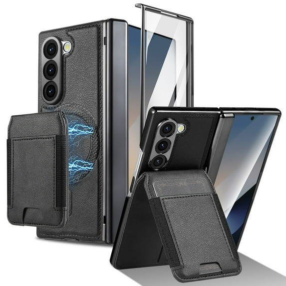 ELEHOLD Case for Samsung Galaxy Z Fold 7 with Screen Protector, Rugged Plastic Faux Leather Spring Hinge Cover Magnetic Datachable Card Cash Slot Flip Kickstand Shockproof Wallet Case,Black