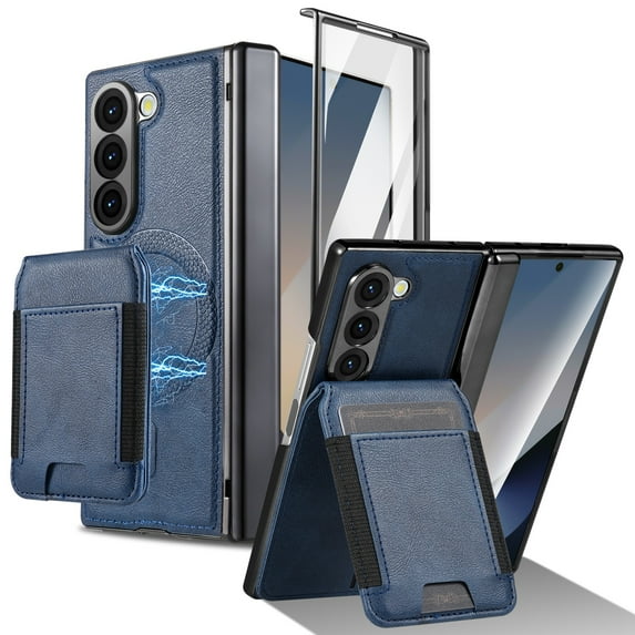 ELEHOLD Case for Samsung Galaxy Z Fold 7 with Screen Protector, Rugged Plastic Faux Leather Spring Hinge Cover Magnetic Datachable Card Cash Slot Flip Kickstand Shockproof Wallet Case,Blue