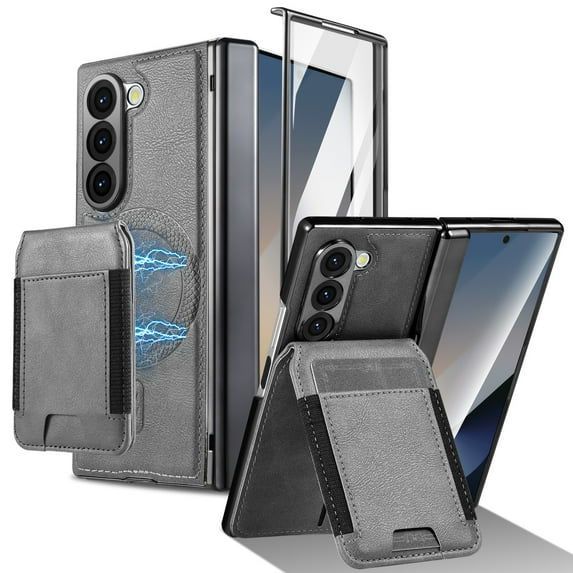 ELEHOLD Case for Samsung Galaxy Z Fold 7 with Screen Protector, Rugged Plastic Faux Leather Spring Hinge Cover Magnetic Datachable Card Cash Slot Flip Kickstand Shockproof Wallet Case,Gray