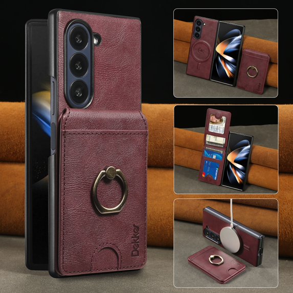 ELEHOLD Case for Samsung Galaxy Z Fold7, Magnetic Ring Leather Wallet Phone Case with Card Slots & Window Slots, Wireless Charging & Car Mount Compatible,Winered