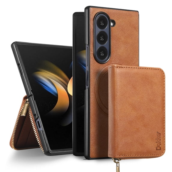 ELEHOLD Case for Samsung Galaxy Z Fold7, Magnetic Zipper Wallet Phone Case, TPU + Faux Leather Cover with Card Slots, Wireless Charging Compatible, Brown