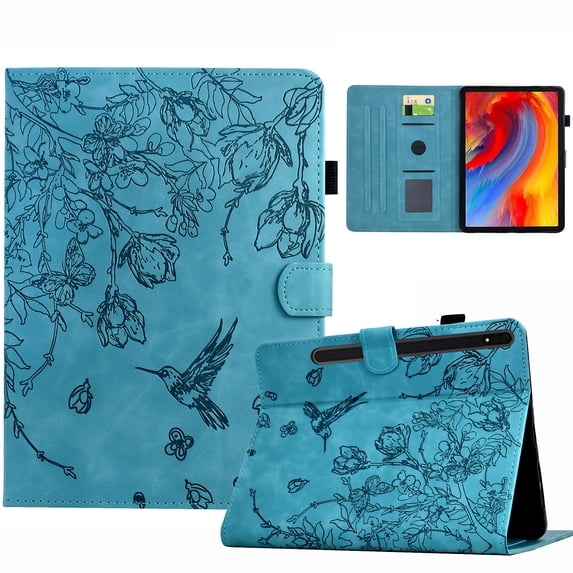 ELEHOLD Case For Samsung Tab A7 10.4 (2020) Embossed Flowers and Birds Leather Tablet Case, Slim Back Smart Cover, Full Body Protection, Kickstand,with Card Pocket, Blue