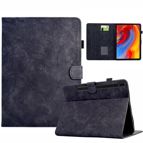 ELEHOLD Case For Samsung Tab A7 10.4 (2020) Embossed Flowers and Birds Leather Tablet Case, Slim Back Smart Cover, Full Body Protection, Kickstand,with Card Pocket, Black