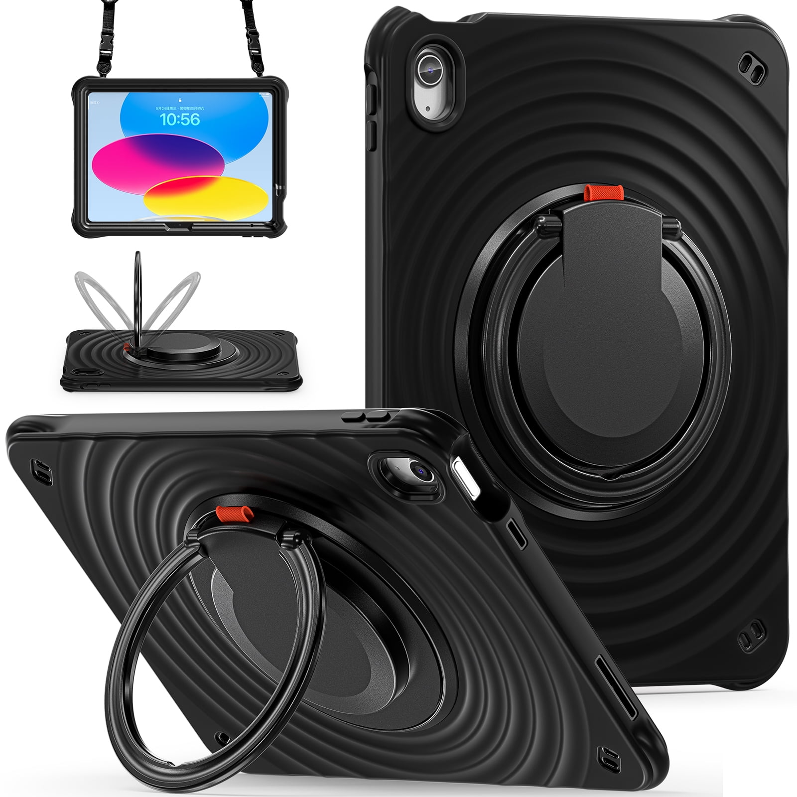 ELEHOLD Case for Apple iPad 10th Gen, Portable Hybrid Shockproof iPad Case with Pencil Holder & Hanging Ring Handle Rotatable Kickstand,Black