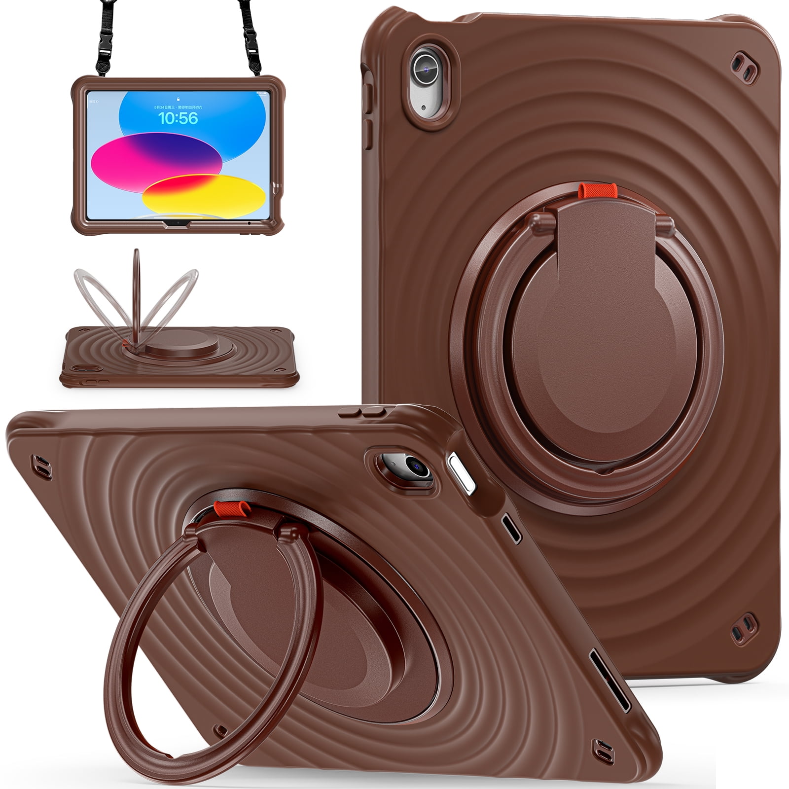 ELEHOLD Case for Apple iPad 10th Gen, Portable Hybrid Shockproof iPad Case with Pencil Holder & Hanging Ring Handle Rotatable Kickstand,Chocolate
