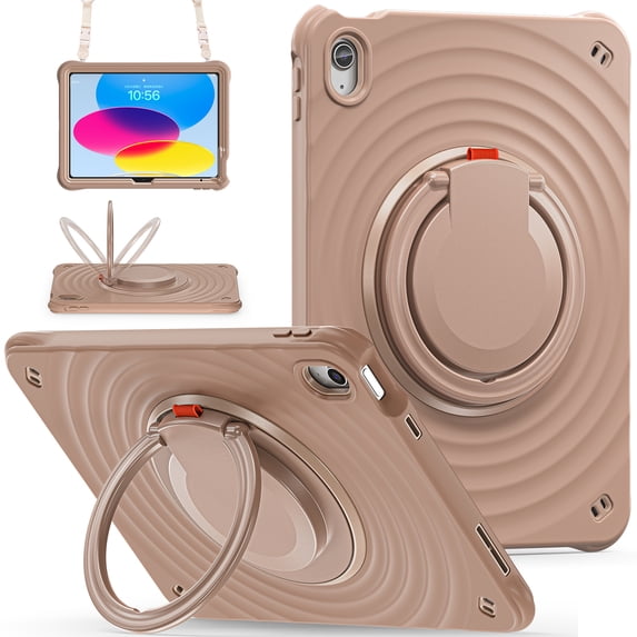 ELEHOLD Case for Apple iPad 10th Gen, Portable Hybrid Shockproof iPad Case with Pencil Holder & Hanging Ring Handle Rotatable Kickstand,Latte
