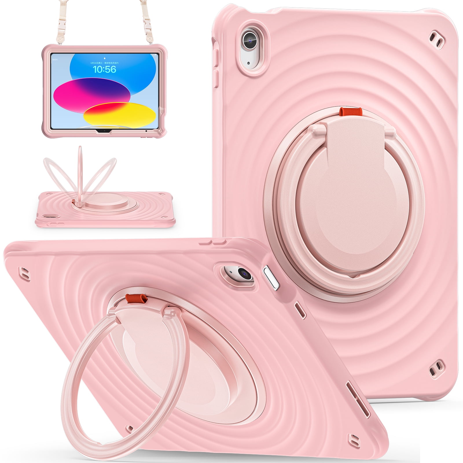 ELEHOLD Case for Apple iPad 10th Gen, Portable Hybrid Shockproof iPad Case with Pencil Holder & Hanging Ring Handle Rotatable Kickstand,Pink