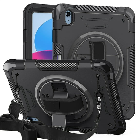 ELEHOLD Case for Apple iPad 10th Gen, Shockproof Case with 360°Rotating Adjustable Shoulder Hand Strap & Stand,Black