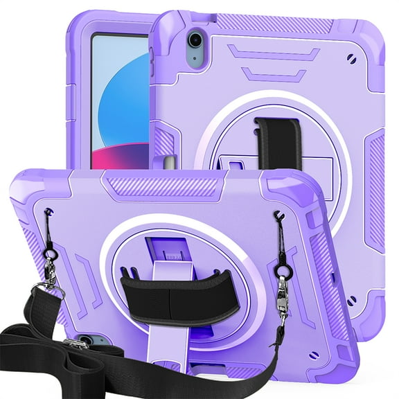 ELEHOLD Case for Apple iPad 10th Gen, Shockproof Case with 360°Rotating Adjustable Shoulder Hand Strap & Stand,Purple