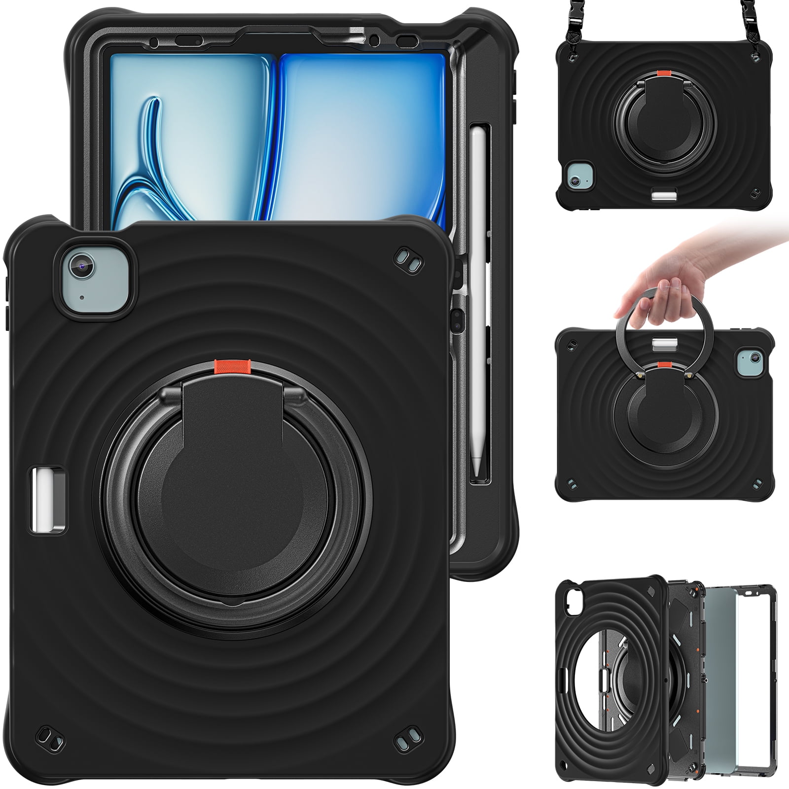 ELEHOLD Case for Apple iPad Air 11 (2024), Portable Hybrid Shockproof iPad Case with Pencil Holder & Hanging Ring Handle Rotatable Kickstand,Black