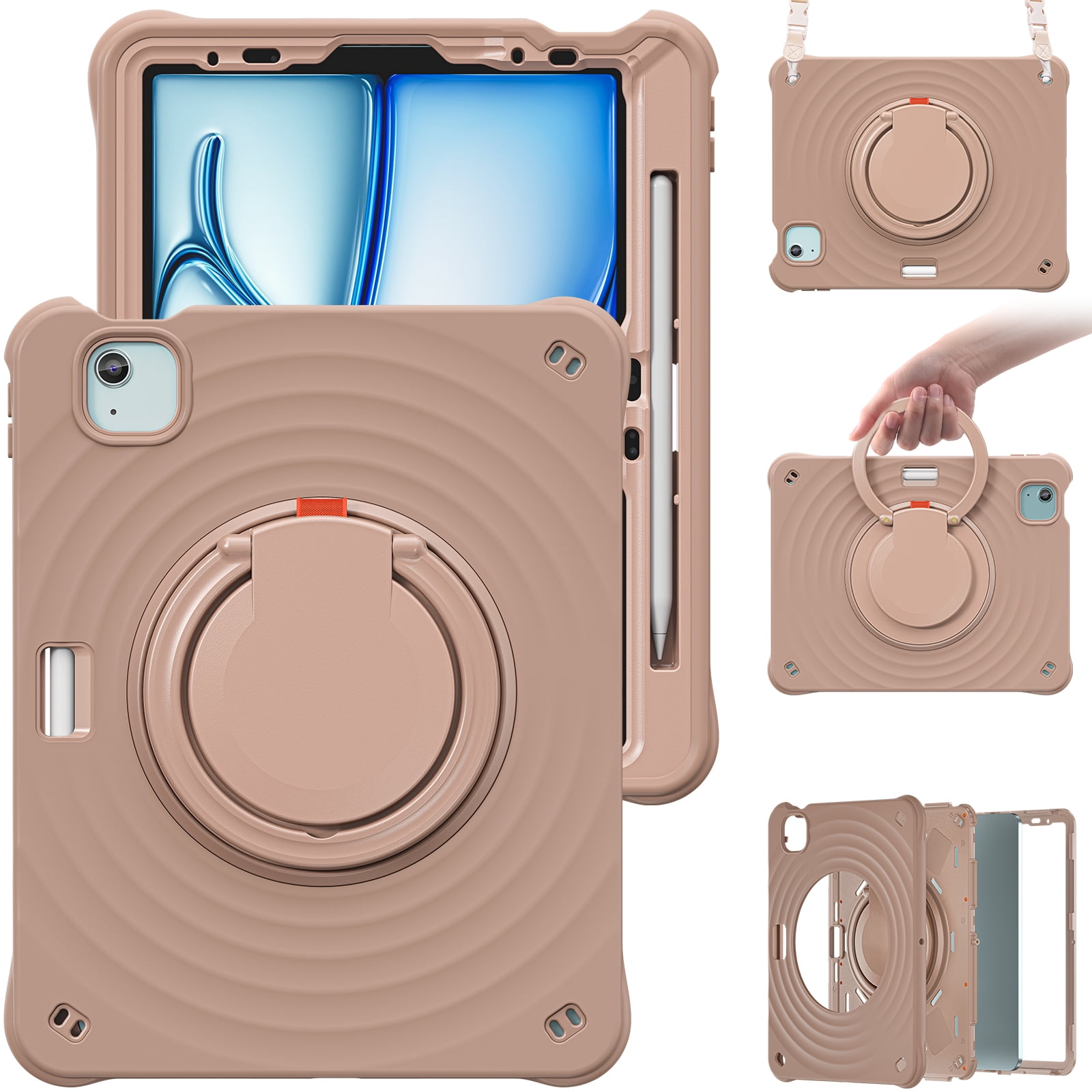 ELEHOLD Case for Apple iPad Air 11 (2024), Portable Hybrid Shockproof iPad Case with Pencil Holder & Hanging Ring Handle Rotatable Kickstand,Latte