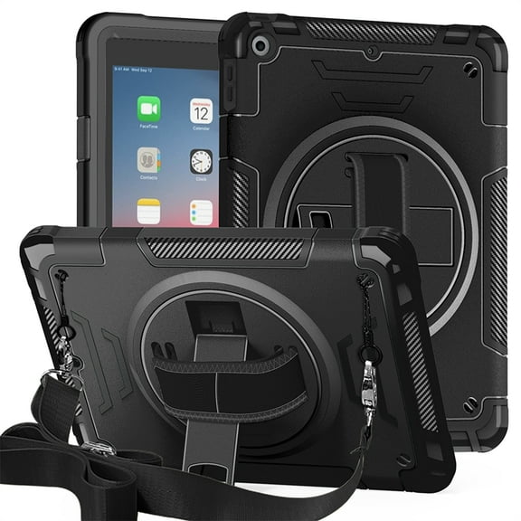 ELEHOLD Case for Apple iPad Air 11 (2024), Shockproof Case with 360°Rotating Adjustable Shoulder Hand Strap & Stand,Black