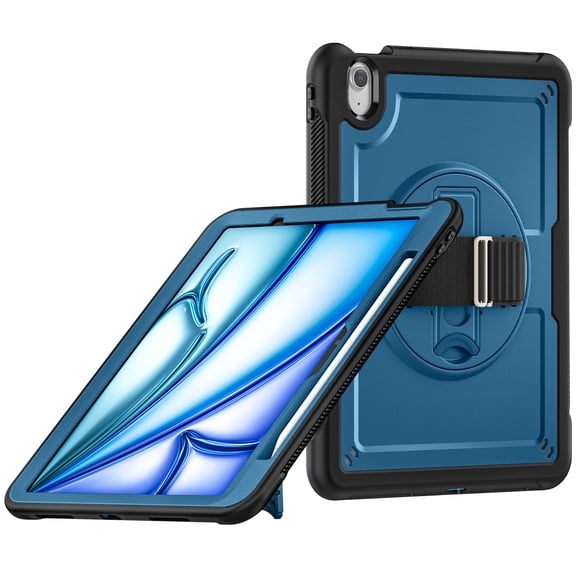 ELEHOLD Case for Apple iPad Air 11 (2024),Soft TPU Rugged Durable Case with 360° Rotating Hand Strap & Foldable Hidden Stand & Pencil Holder,Navyblue