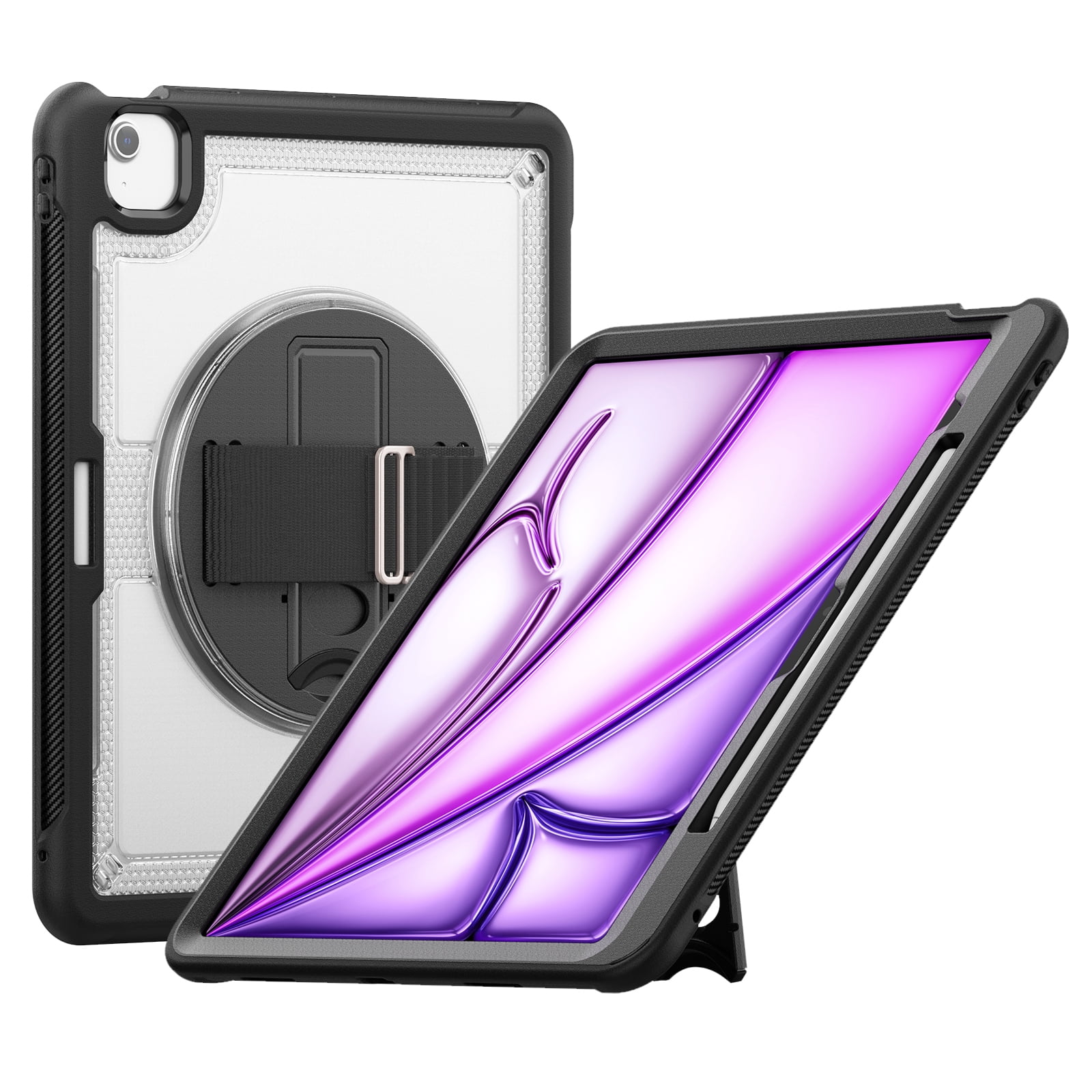ELEHOLD Case for Apple iPad Air 13 (2024),Soft TPU Rugged Durable Case with 360° Rotating Hand Strap & Foldable Hidden Stand & Pencil Holder,Clear