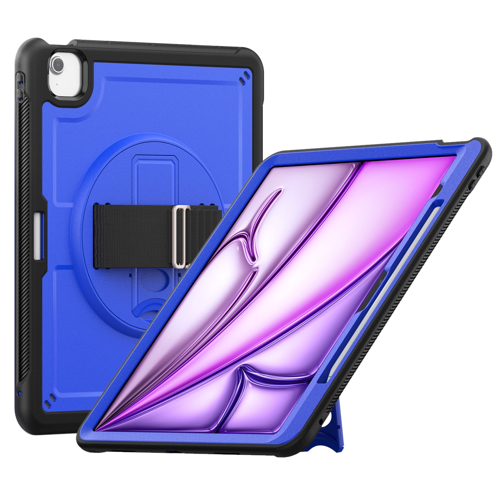 ELEHOLD Case for Apple iPad Air 13 (2024),Soft TPU Rugged Durable Case with 360° Rotating Hand Strap & Foldable Hidden Stand & Pencil Holder,Darkblue