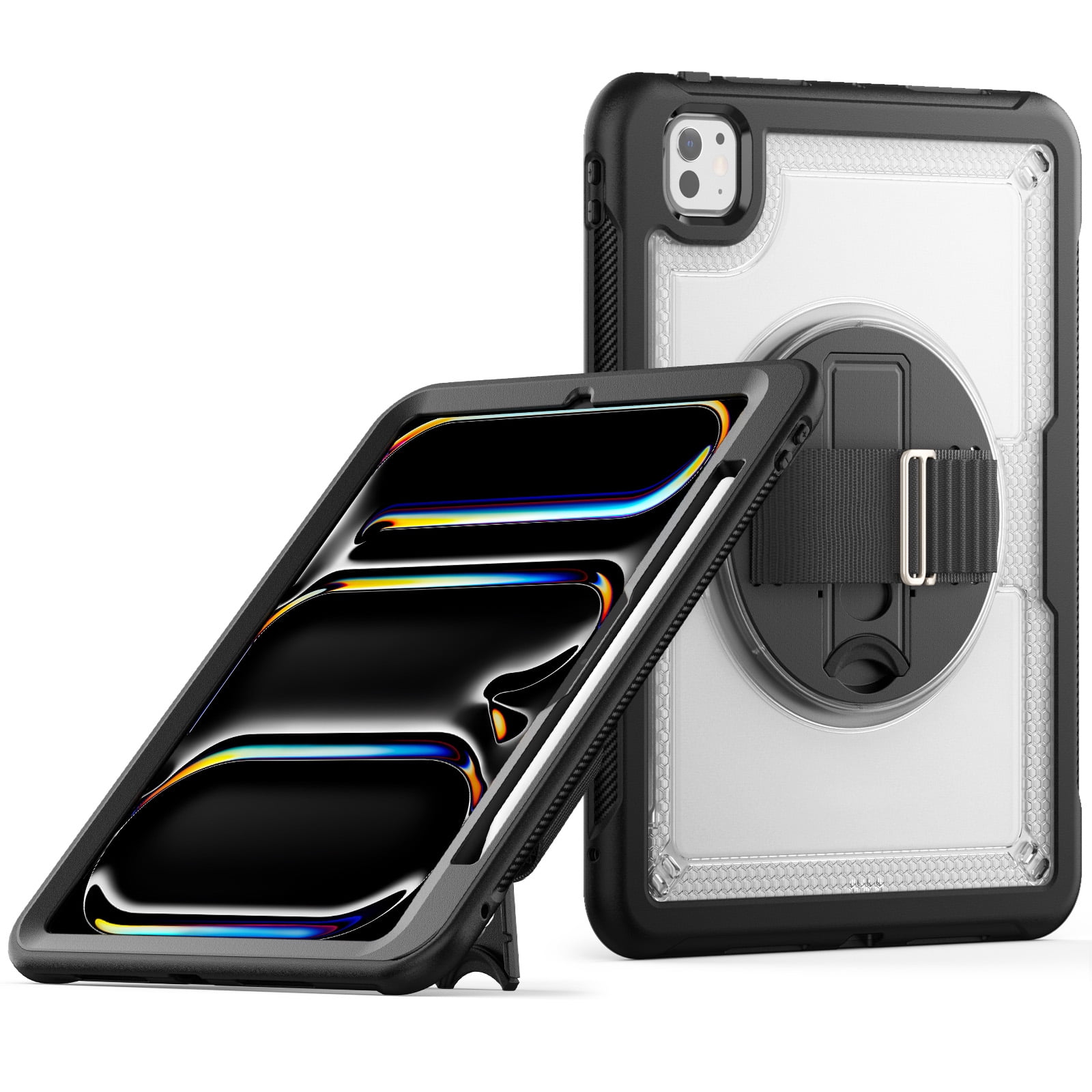 ELEHOLD Case for Apple iPad Pro 11 2024,Soft TPU Rugged Durable Case with 360° Rotating Hand Strap & Foldable Hidden Stand & Pencil Holder,Clear