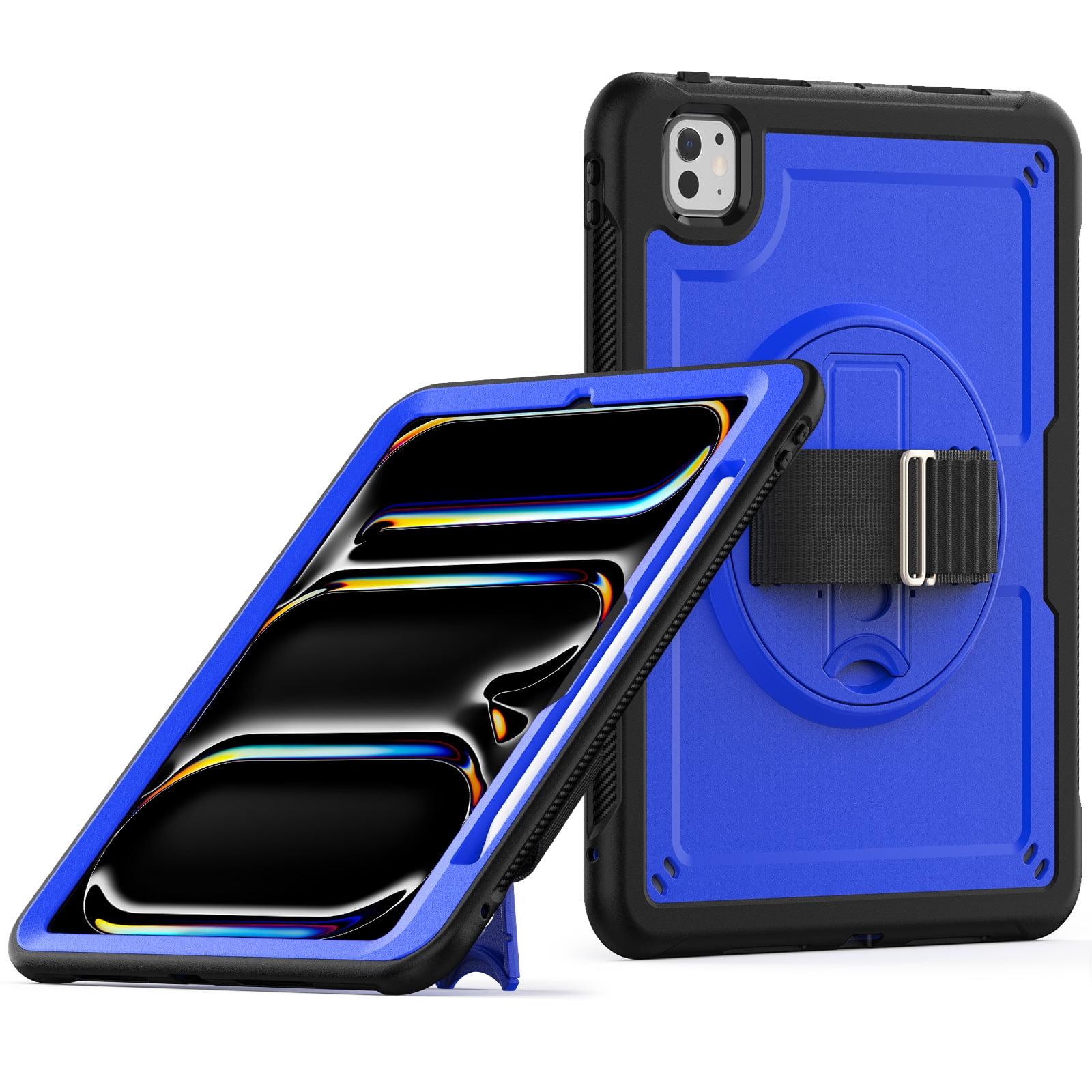 ELEHOLD Case for Apple iPad Pro 11 2024,Soft TPU Rugged Durable Case with 360° Rotating Hand Strap & Foldable Hidden Stand & Pencil Holder,Darkblue