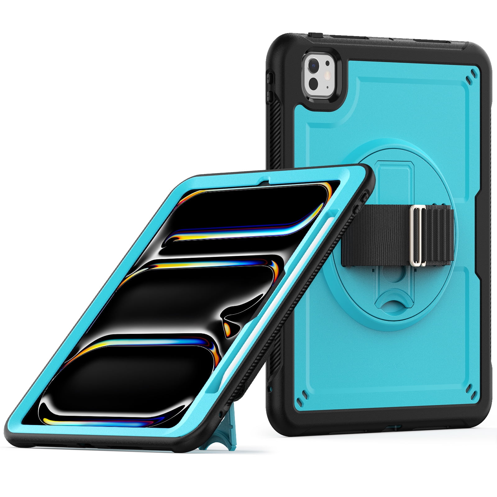 ELEHOLD Case for Apple iPad Pro 11 2024,Soft TPU Rugged Durable Case with 360° Rotating Hand Strap & Foldable Hidden Stand & Pencil Holder,Lightblue