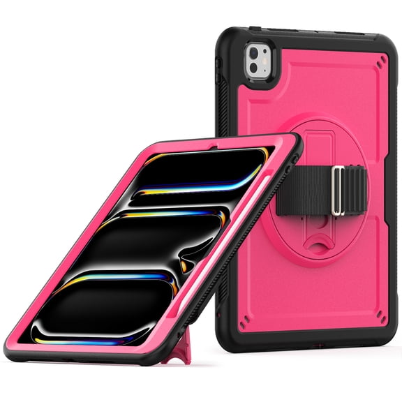 ELEHOLD Case for Apple iPad Pro 11 2024,Soft TPU Rugged Durable Case with 360° Rotating Hand Strap & Foldable Hidden Stand & Pencil Holder,Rose