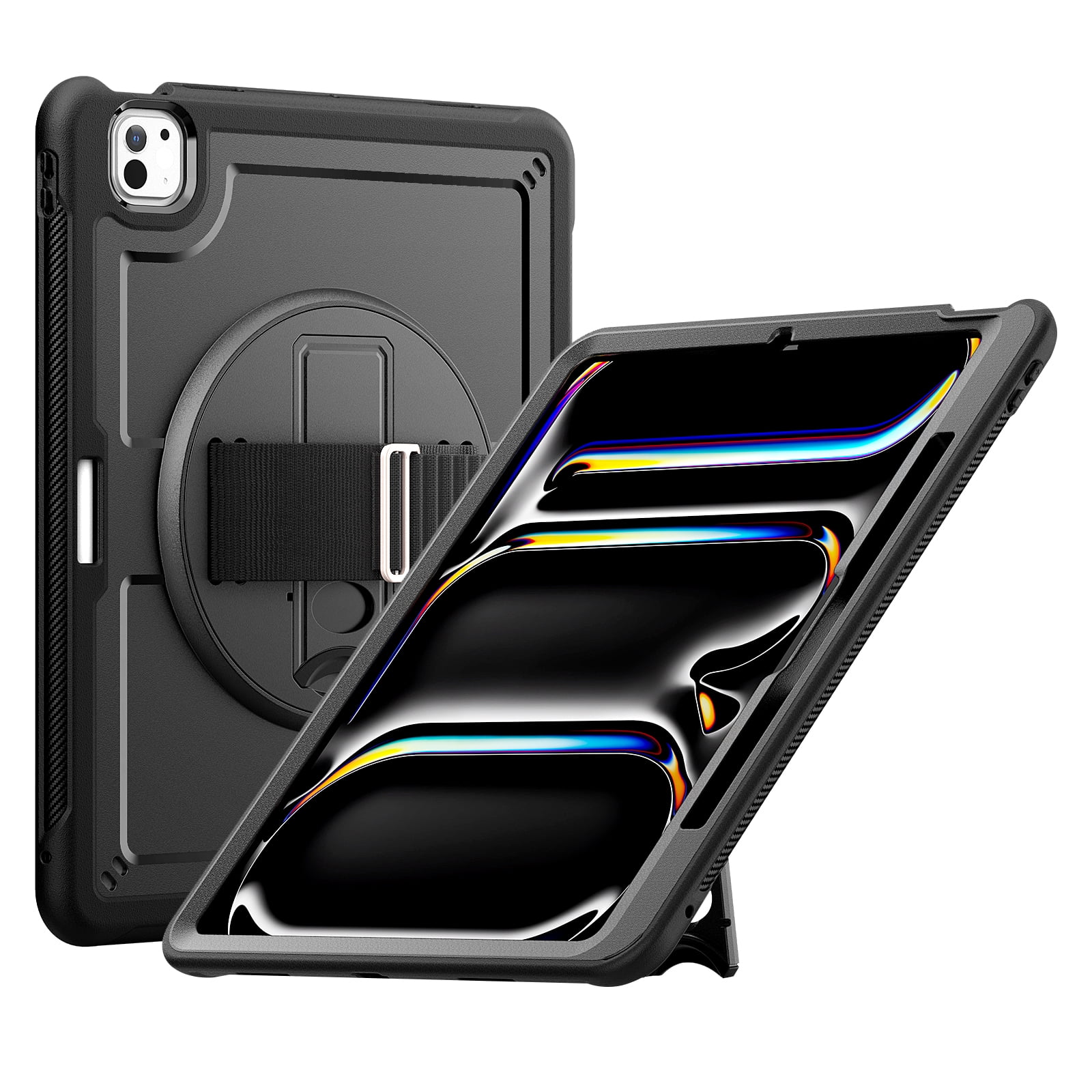 ELEHOLD Case for Apple iPad Pro 13 2024,Soft TPU Rugged Durable Case with 360° Rotating Hand Strap & Foldable Hidden Stand & Pencil Holder,Black