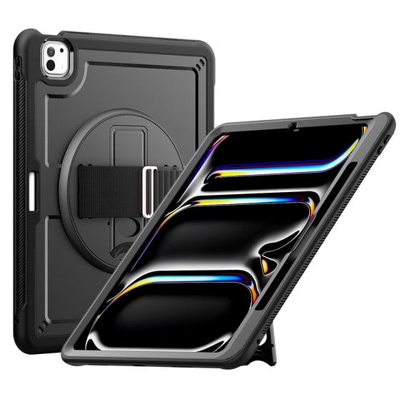 ELEHOLD Case for Apple iPad Pro 13 2024,Soft TPU Rugged Durable Case with 360° Rotating Hand Strap & Foldable Hidden Stand & Pencil Holder,Black