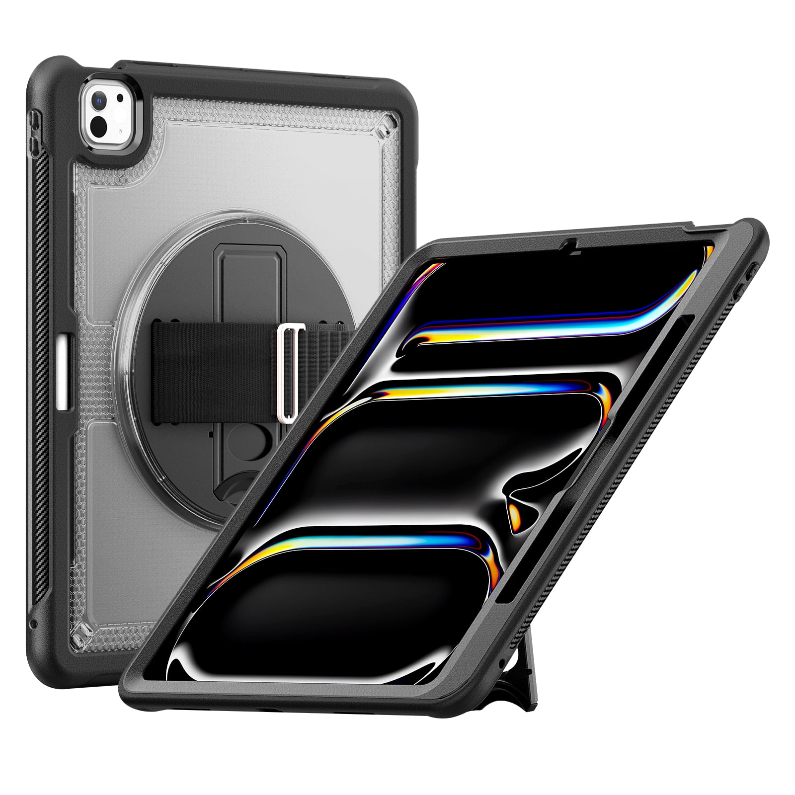 ELEHOLD Case for Apple iPad Pro 13 2024,Soft TPU Rugged Durable Case with 360° Rotating Hand Strap & Foldable Hidden Stand & Pencil Holder,Clear