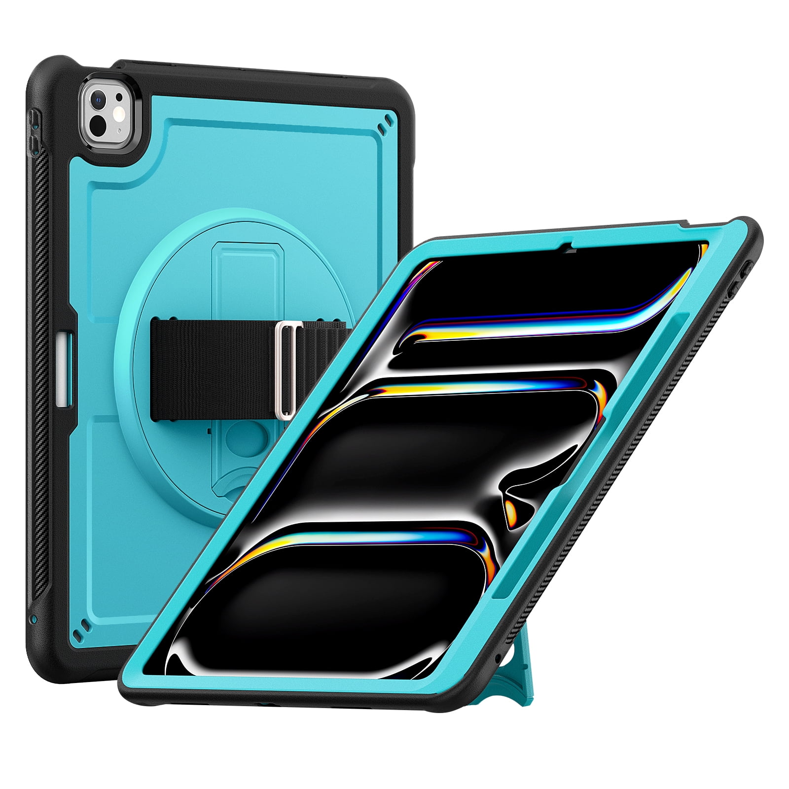 ELEHOLD Case for Apple iPad Pro 13 2024,Soft TPU Rugged Durable Case with 360° Rotating Hand Strap & Foldable Hidden Stand & Pencil Holder,Lightblue