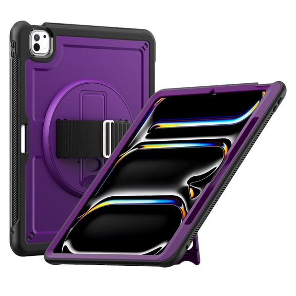 ELEHOLD Case for Apple iPad Pro 13 2024,Soft TPU Rugged Durable Case with 360° Rotating Hand Strap & Foldable Hidden Stand & Pencil Holder,Purple