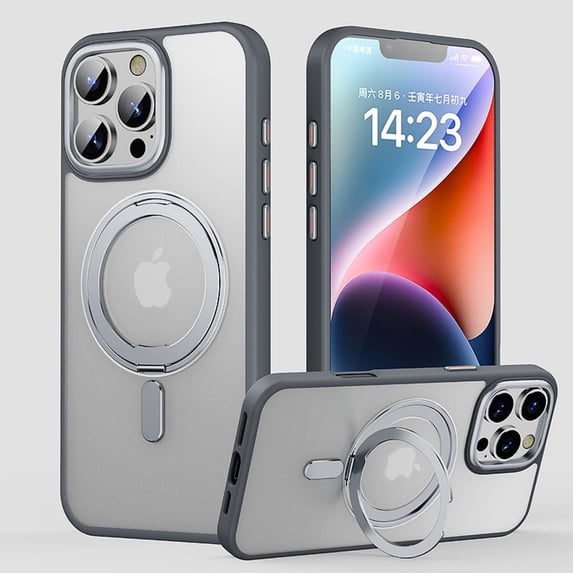 ELEHOLD Case for For iPhone 14 Pro Magnetic Clear 360° Ring Stand Case Rugged Cover, MagSafe Compatible, Military Standard Protection, Gray