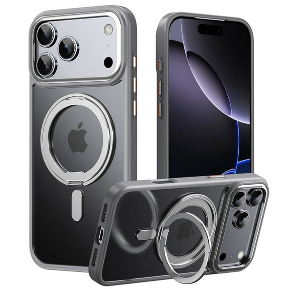 ELEHOLD Case for For iPhone 17 Pro Magnetic Clear 360° Ring Stand Protection Case Rugged Cover,Compatible With Mag-Safe Accessories ,Gray