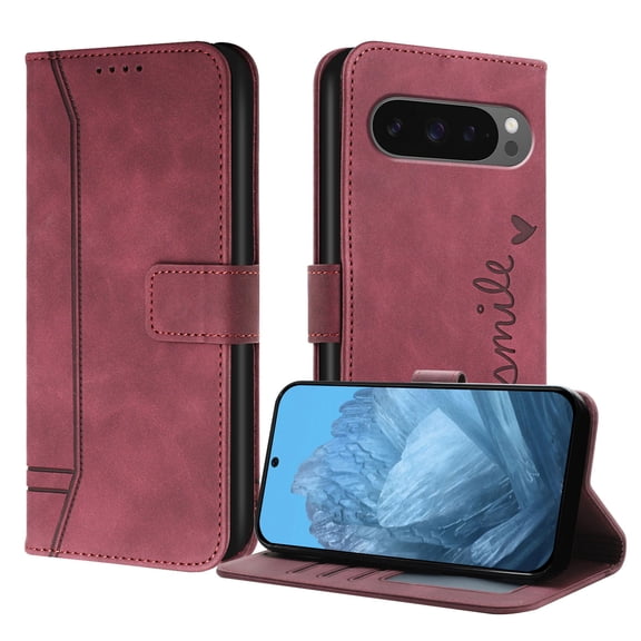 ELEHOLD Case for Google Pixel 10 /10 Pro, Shockproof Leather Wallet Phone Case with Card Slots, Stand Function, Winered