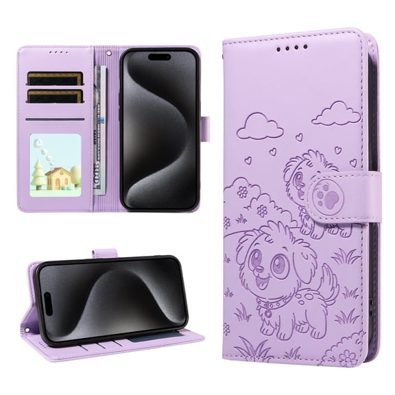 ELEHOLD Case for Google Pixel 10 Pro XL, Cute Dog Print RFID Blocking Leather Wallet Case with Lanyard, Stand Feature,Purple
