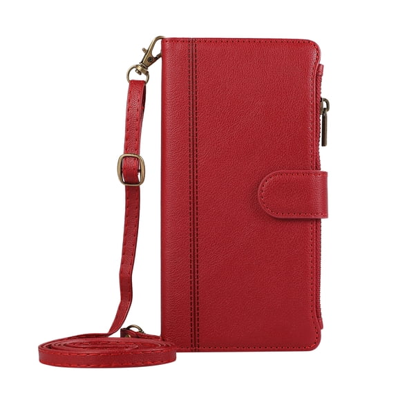 ELEHOLD Case for Google Pixel 6, Luxury Zipper Leather Wallet Crossbody Phone Case with Wrist Strap & Folio Stand,Red