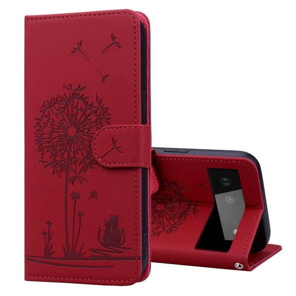 ELEHOLD Case for Google Pixel 6, Premium PU Leather Wallet Flip Case Folio Cover with Card Holder Kickstand,Red