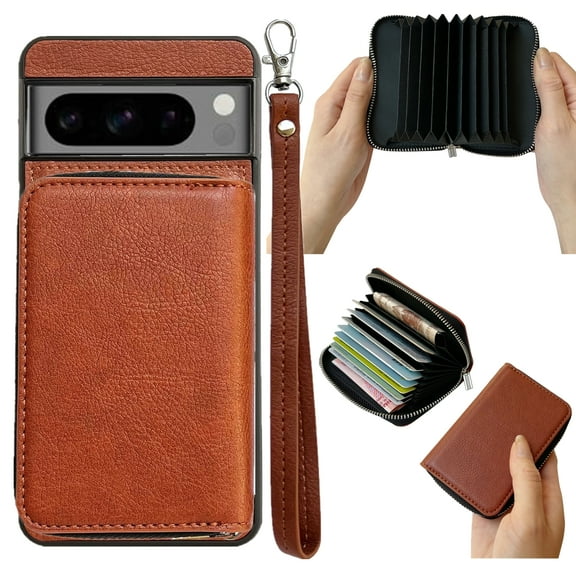 ELEHOLD Case for Google Pixel 6 Pro, PU Leather Zipper Detachable Wallet Case with Card Holder & Strap, Compatible with MagSafe Accessories,Brown