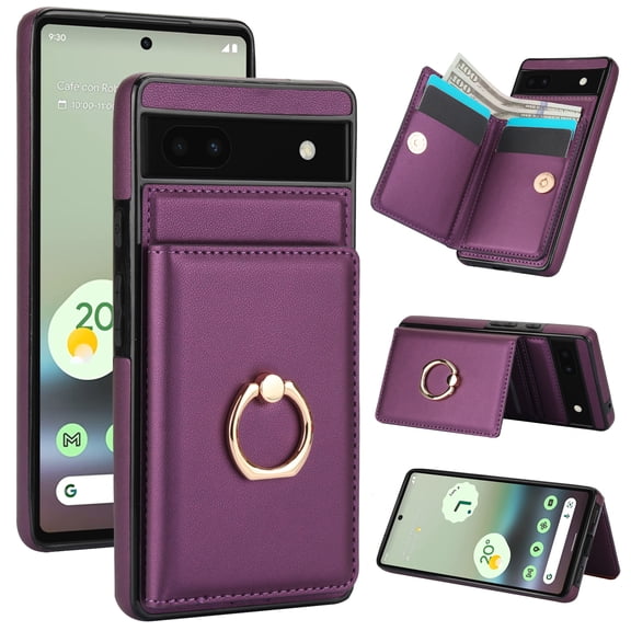 ELEHOLD Case for Google Pixel 6a,Business PU Leather Stand Case with Card Holder & Ring Holder,Deeppurple