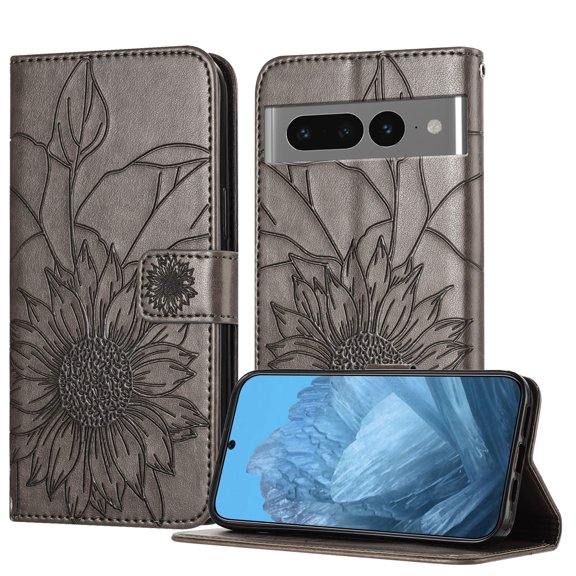 ELEHOLD Case for Google Pixel 7 Pro, Sunflower Embossed Leather Wallet Case with Magnetic Closure & Kickstand,Gray