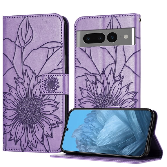 ELEHOLD Case for Google Pixel 7 Pro, Sunflower Embossed Leather Wallet Case with Magnetic Closure & Kickstand,Purple