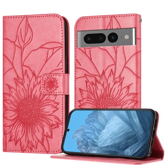 ELEHOLD Case for Google Pixel 7 Pro, Sunflower Embossed Leather Wallet Case with Magnetic Closure & Kickstand,Rose