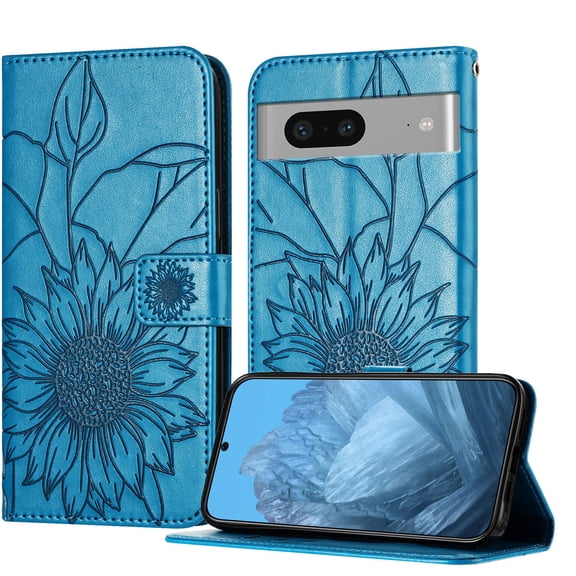 ELEHOLD Case for Google Pixel 7, Sunflower Embossed Leather Wallet Case with Magnetic Closure & Kickstand,Blue