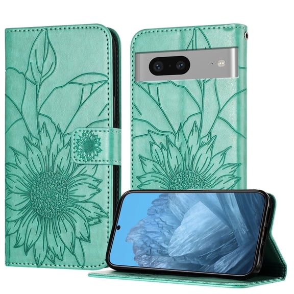 ELEHOLD Case for Google Pixel 7, Sunflower Embossed Leather Wallet Case with Magnetic Closure & Kickstand,Green