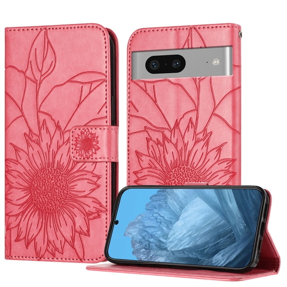 ELEHOLD Case for Google Pixel 7, Sunflower Embossed Leather Wallet Case with Magnetic Closure & Kickstand,Rose