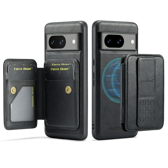 ELEHOLD Case for Google Pixel 7A, Shockproof Magnetic Leather Wallet Case with Hand Grip & Kickstand & RFID Blocking,Black